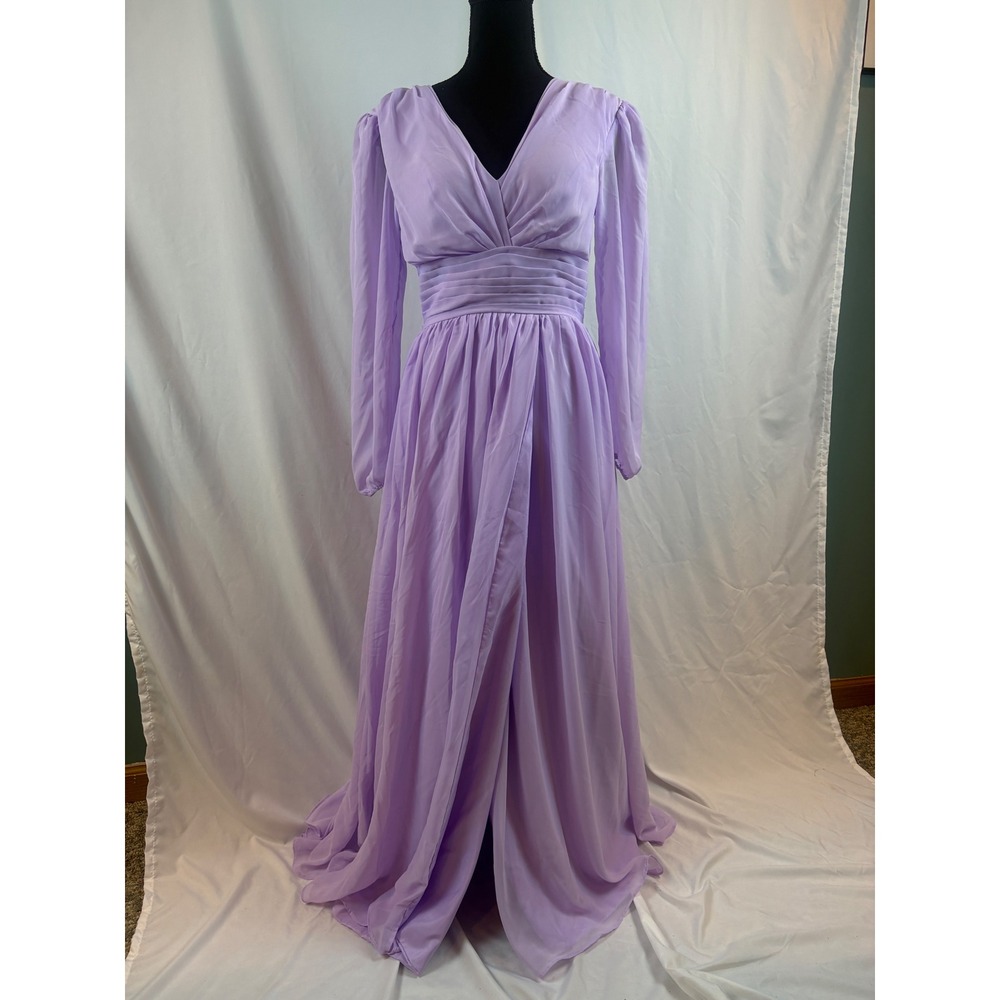 NAIX Wedding Dress Lavender Chiffon V-Neck Long Sleeve Maxi Gown Size 2 Purple